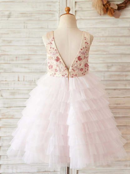 Pink Knee-Length Flower Girl Princess Dress in Satin and Tulle
