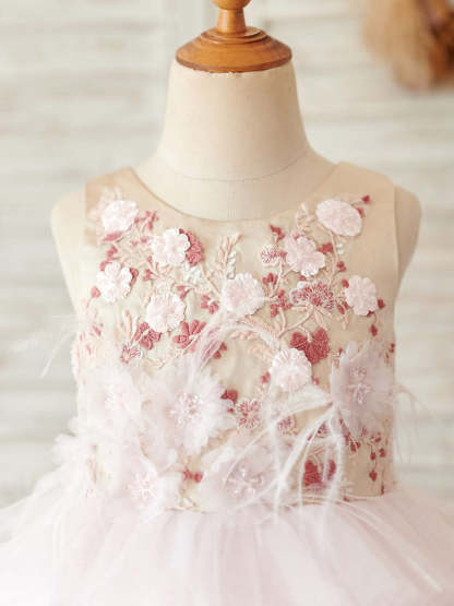 Pink Knee-Length Flower Girl Princess Dress in Satin and Tulle