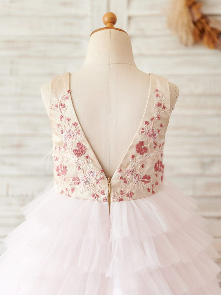 Pink Knee-Length Flower Girl Princess Dress in Satin and Tulle