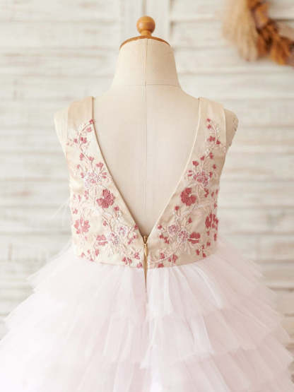 Pink Knee-Length Flower Girl Princess Dress in Satin and Tulle