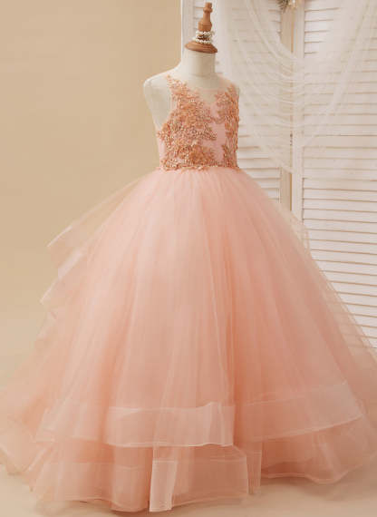 Pink Flower Girl Dress with Tulle Princess Ball-Gown and Sweep Train