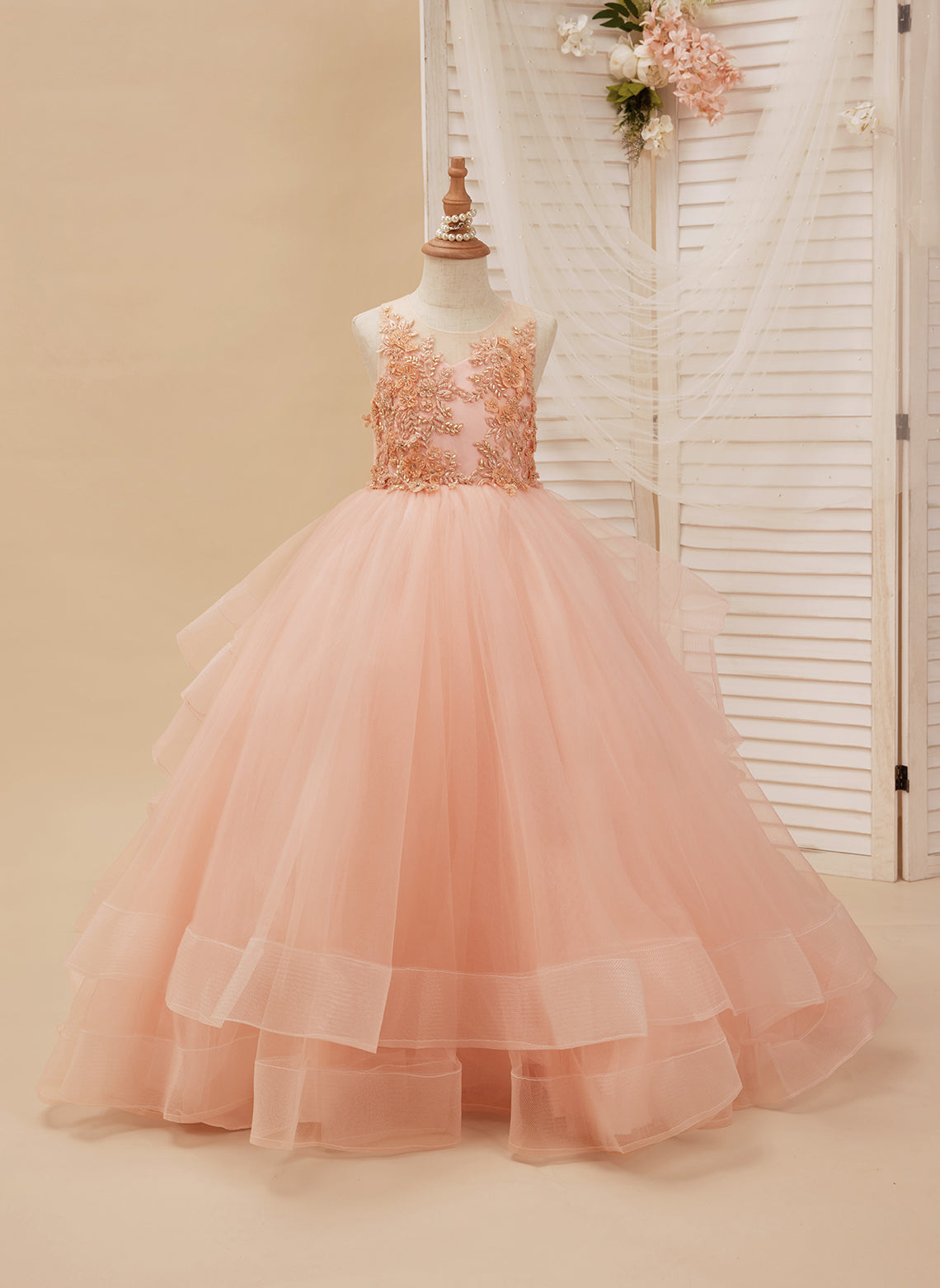 Pink Flower Girl Dress with Tulle Princess Ball-Gown and Sweep Train