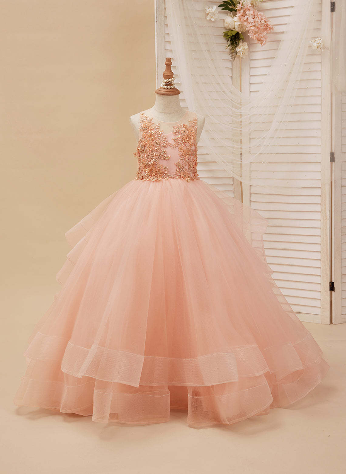 Pink Flower Girl Dress with Tulle Princess Ball-Gown and Sweep Train