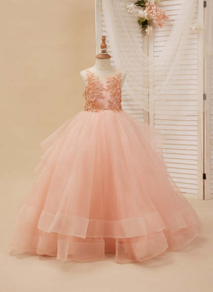 Pink Flower Girl Dress with Tulle Princess Ball-Gown and Sweep Train