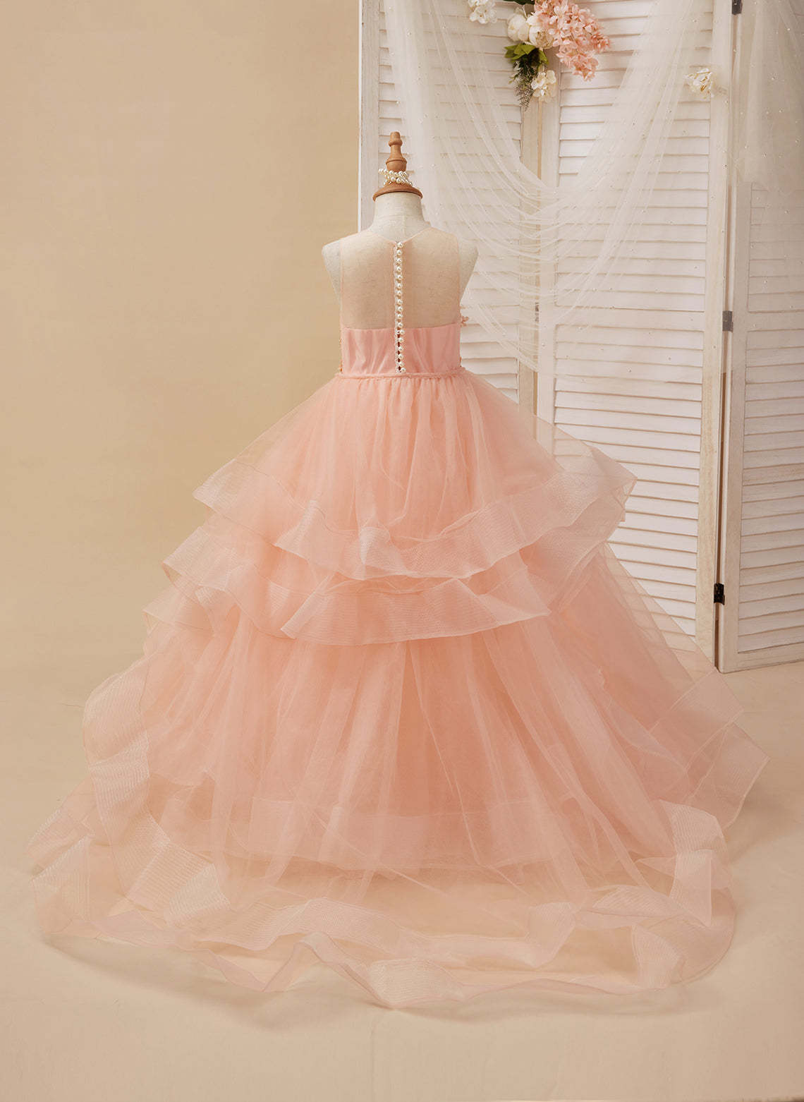 Pink Flower Girl Dress with Tulle Princess Ball-Gown and Sweep Train