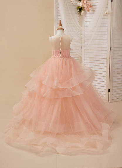 Pink Flower Girl Dress with Tulle Princess Ball-Gown and Sweep Train