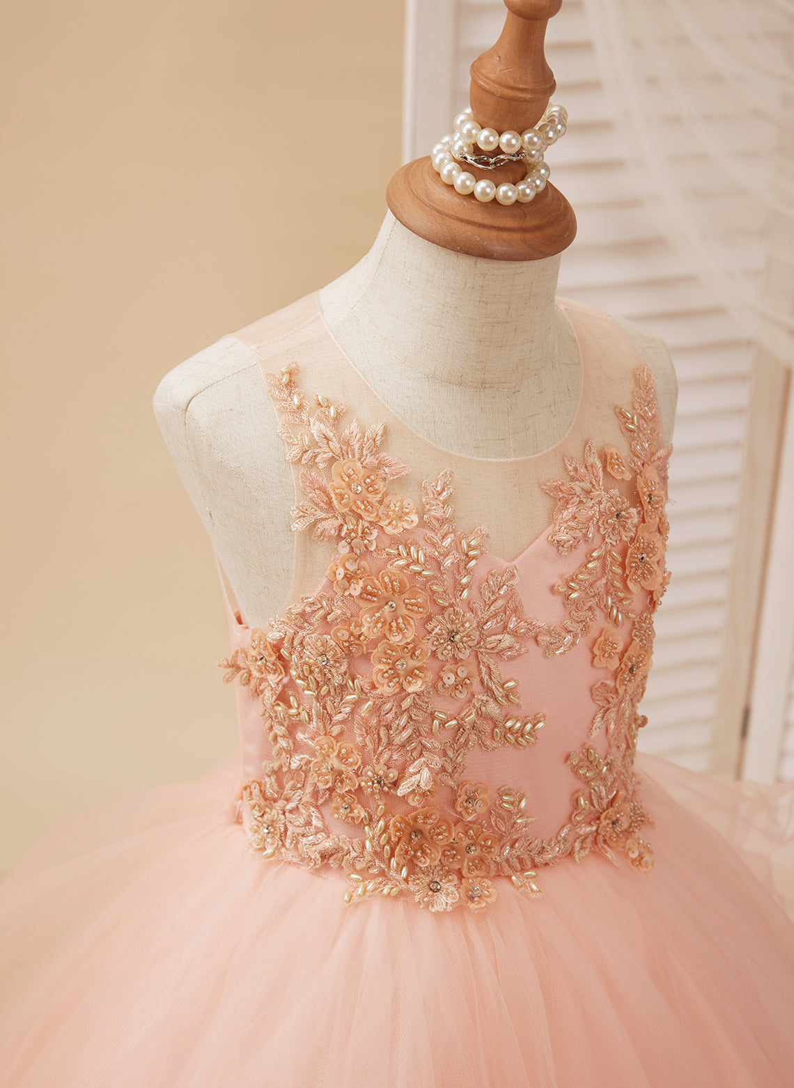 Pink Flower Girl Dress with Tulle Princess Ball-Gown and Sweep Train