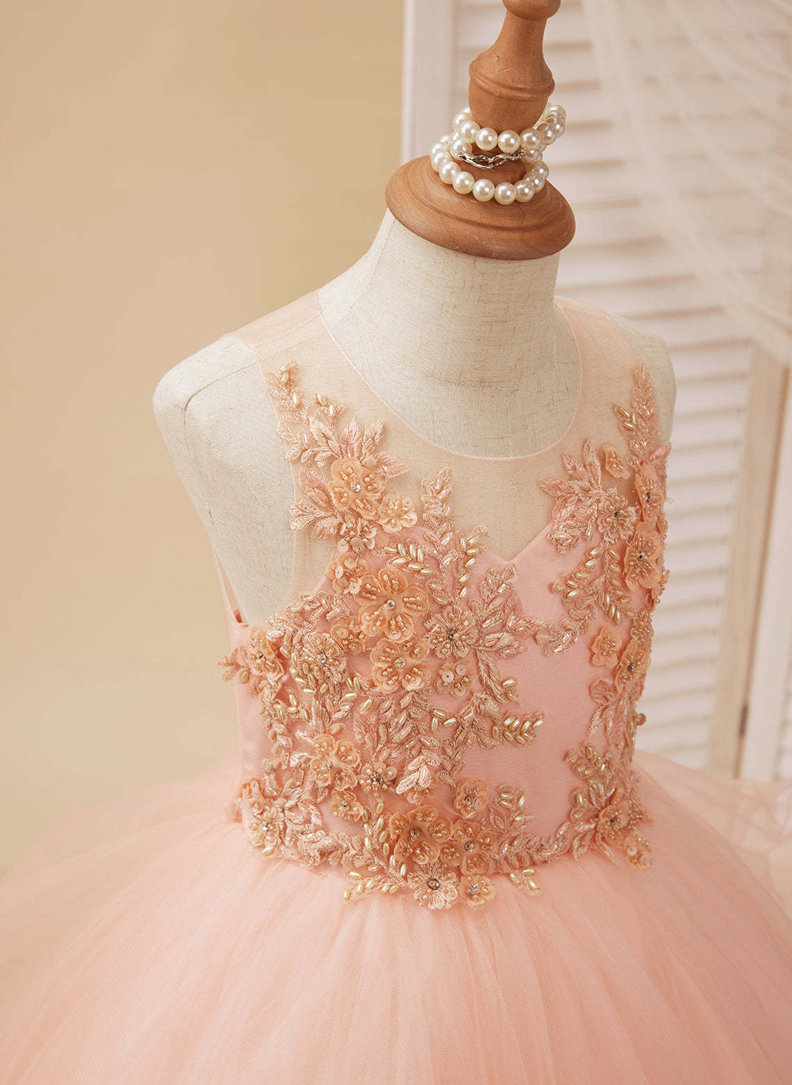 Pink Flower Girl Dress with Tulle Princess Ball-Gown and Sweep Train