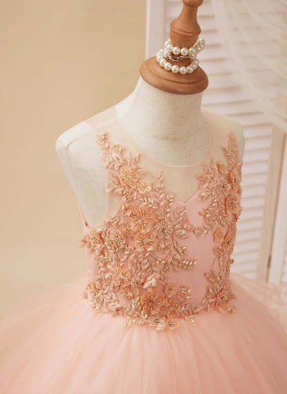 Pink Flower Girl Dress with Tulle Princess Ball-Gown and Sweep Train