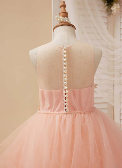 Pink Flower Girl Dress with Tulle Princess Ball-Gown and Sweep Train