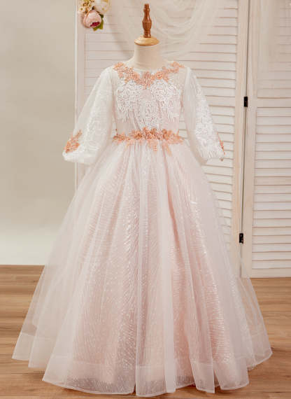 Pink Princess Lace Tulle Ball-Gown with Floor-length Skirt
