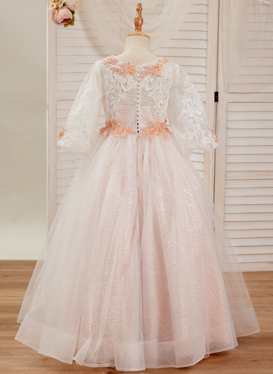 Pink Princess Lace Tulle Ball-Gown with Floor-length Skirt