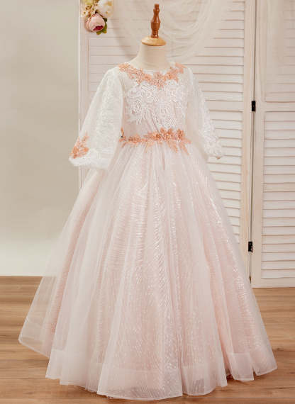 Pink Princess Lace Tulle Ball-Gown with Floor-length Skirt