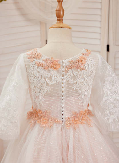 Pink Princess Lace Tulle Ball-Gown with Floor-length Skirt