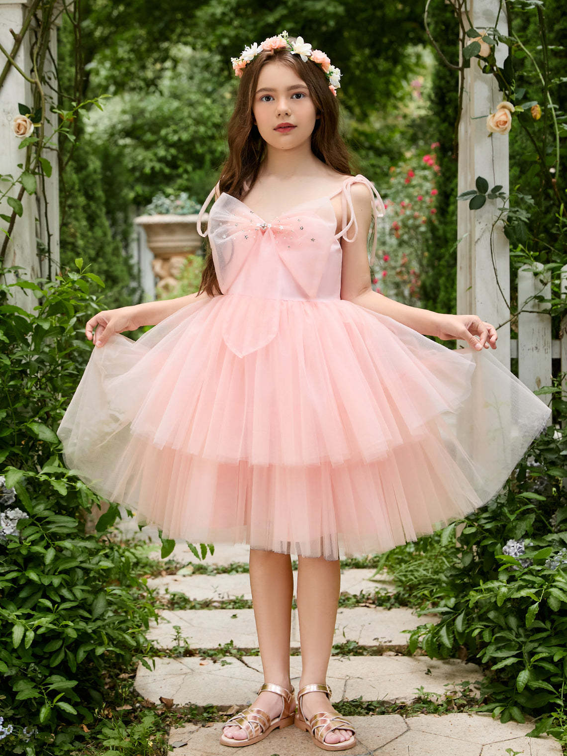 Pearl Pink Knee-length A-line Dress in Tulle