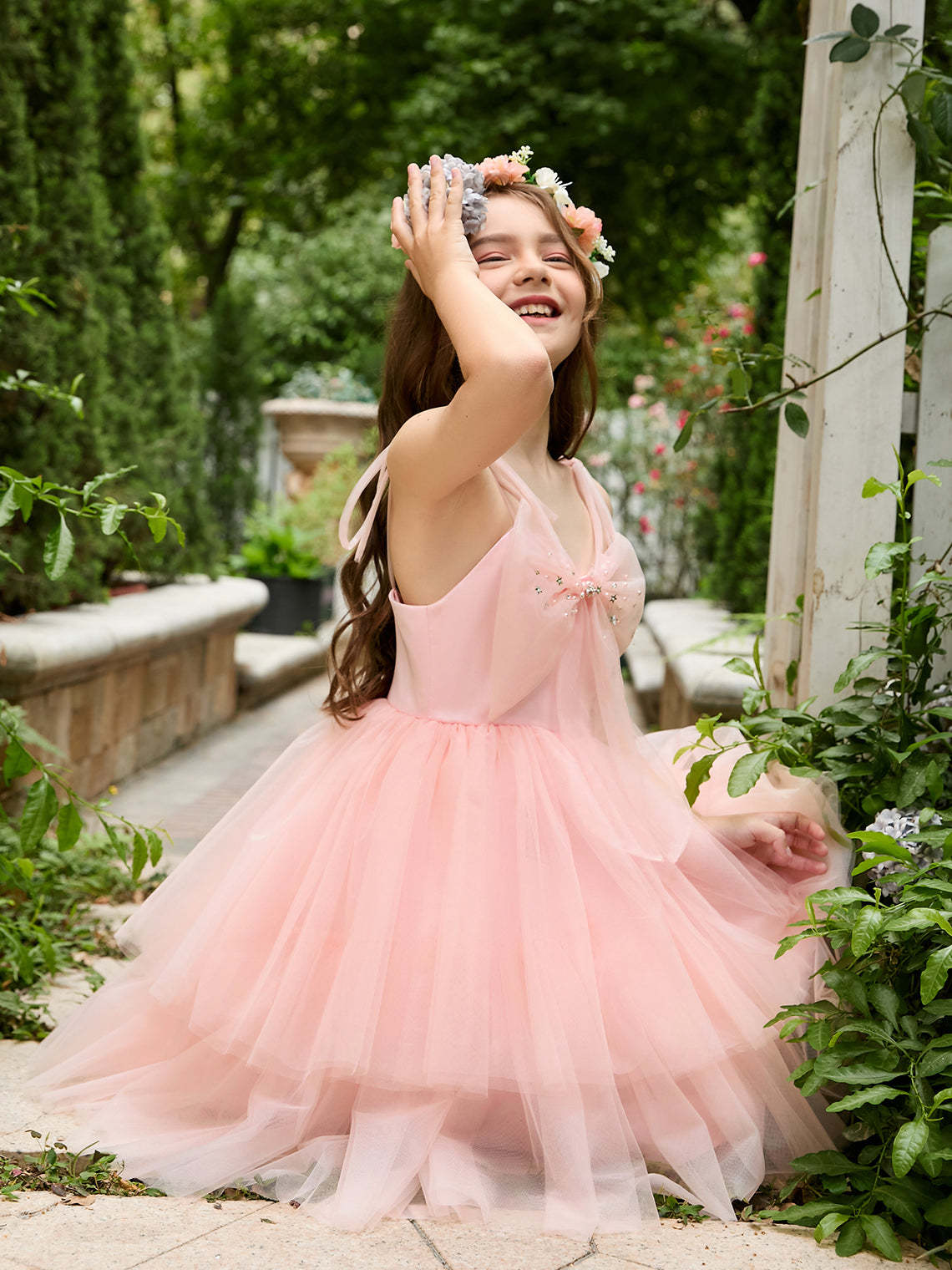 Pearl Pink Knee-length A-line Dress in Tulle