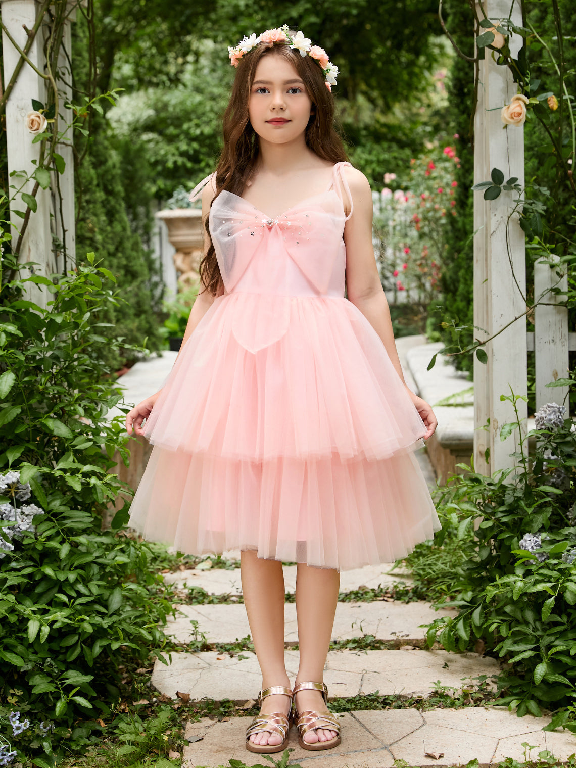 Pearl Pink Knee-length A-line Dress in Tulle