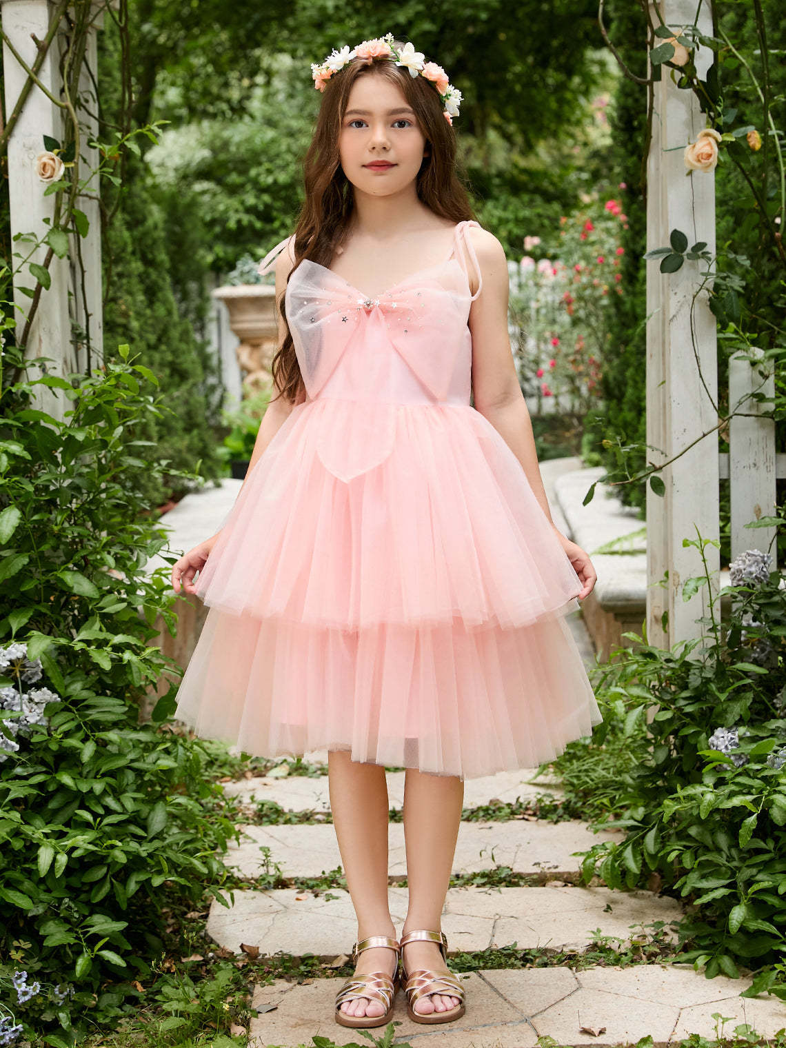 Pearl Pink Knee-length A-line Dress in Tulle