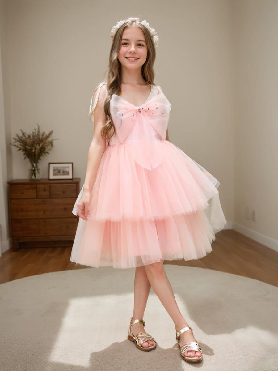 Pearl Pink Knee-length A-line Dress in Tulle