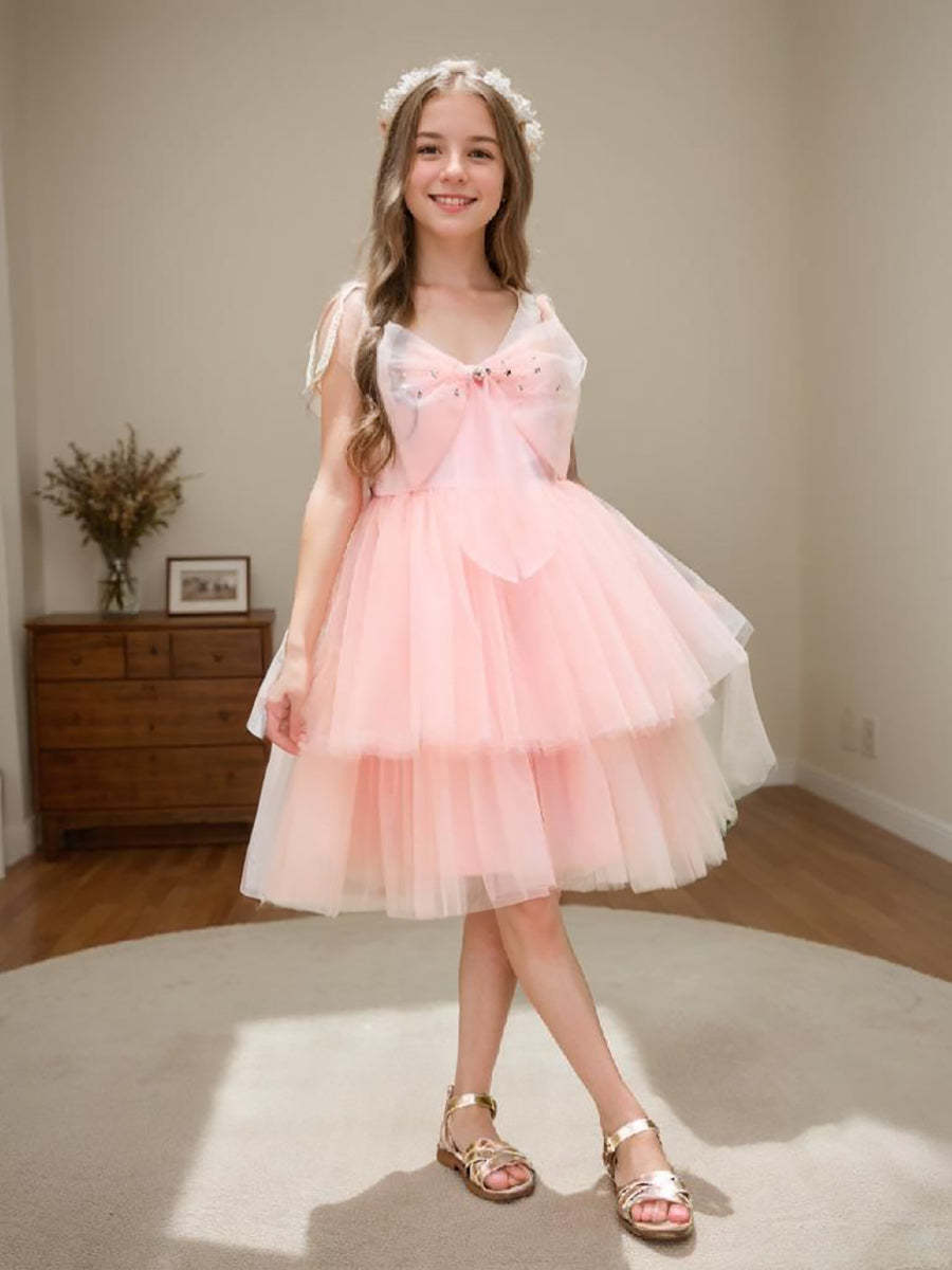 Pearl Pink Knee-length A-line Dress in Tulle
