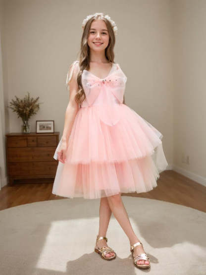 Pearl Pink Knee-length A-line Dress in Tulle