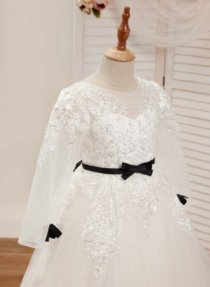 Ivory First Communion Flower Girl Dress with A-line Tulle and Sweep Train