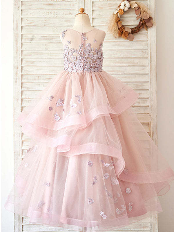 Pink A-line Flower Girl Dress in Floor-length Tulle