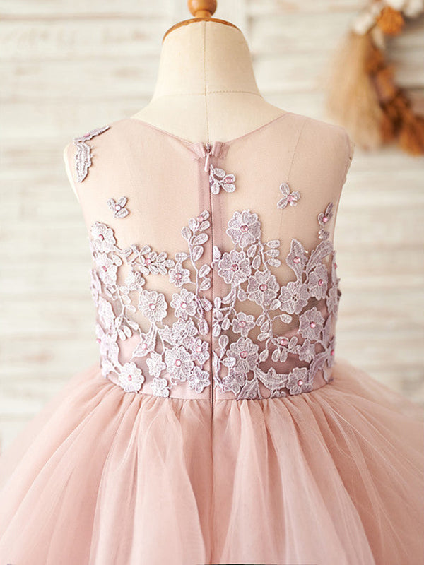 Pink A-line Flower Girl Dress in Floor-length Tulle