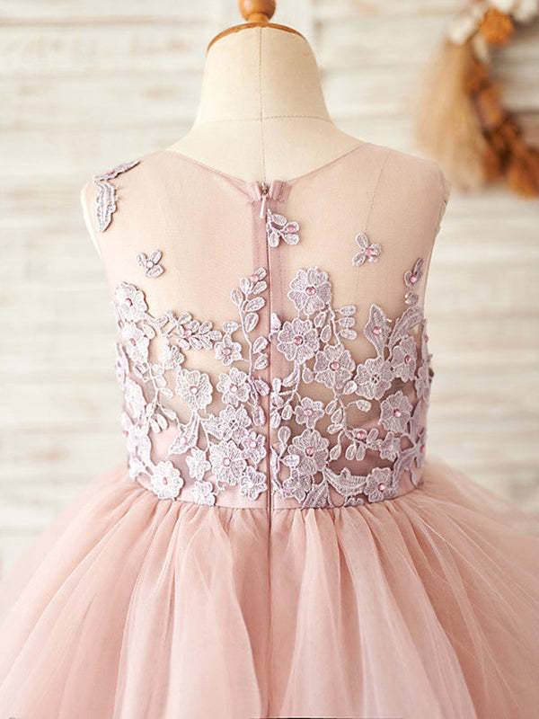 Pink A-line Flower Girl Dress in Floor-length Tulle