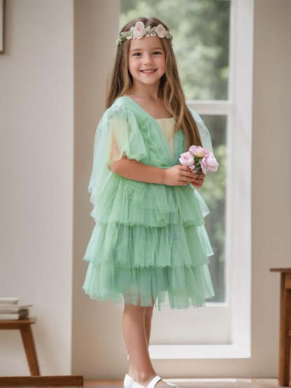 Elegant Green Tulle Fairy Dress for the Flower Girl in an Enchanted Garden