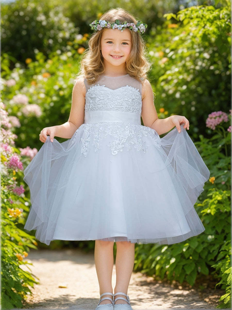 Knee-length Flower Girl Dress in Lace Tulle for First Communion
