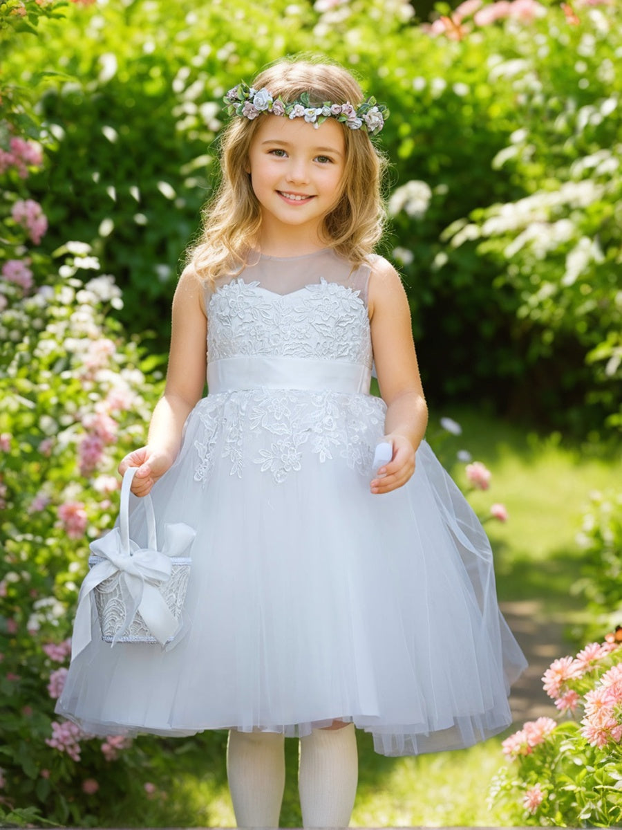 Knee-length Flower Girl Dress in Lace Tulle for First Communion