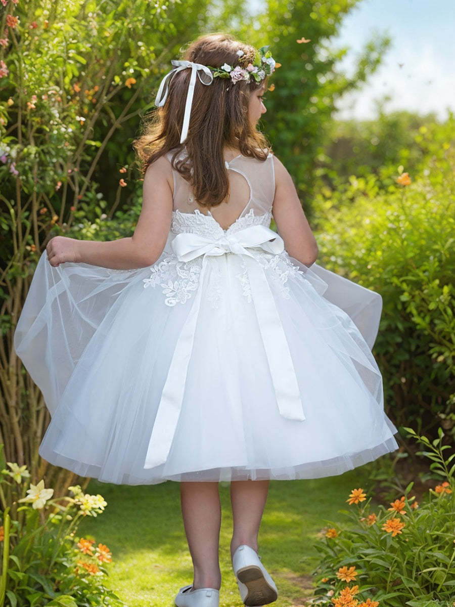 Knee-length Flower Girl Dress in Lace Tulle for First Communion
