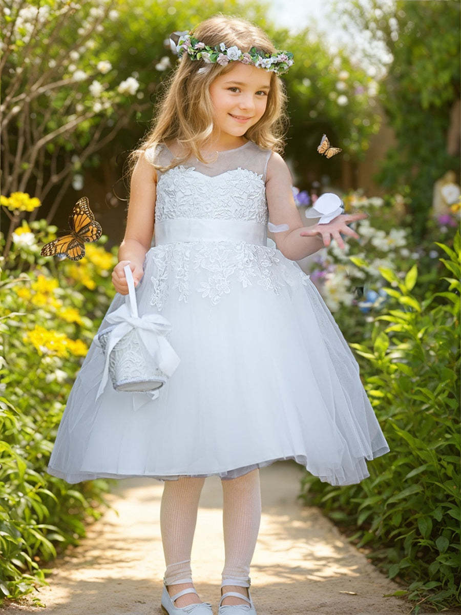 Knee-length Flower Girl Dress in Lace Tulle for First Communion