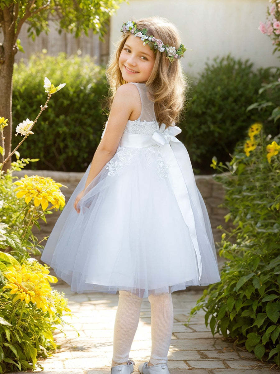 Knee-length Flower Girl Dress in Lace Tulle for First Communion