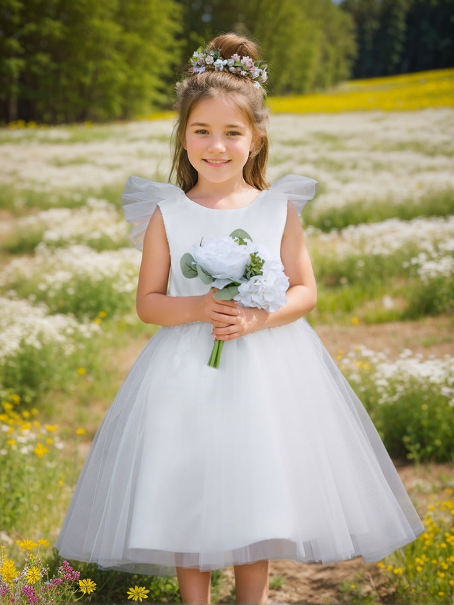 Knee-length Flower Girl Dress in A-line Satin Tulle
