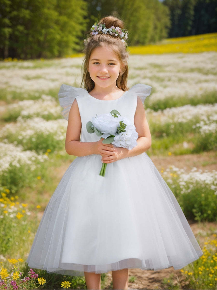 Knee-length Flower Girl Dress in A-line Satin Tulle