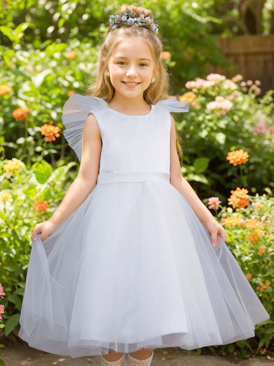 Knee-length Flower Girl Dress in A-line Satin Tulle