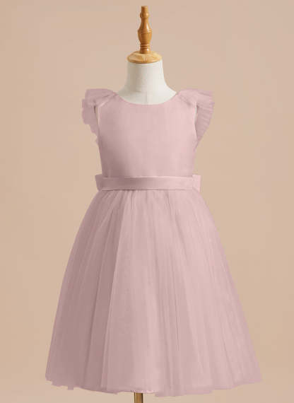 Knee-length Flower Girl Dress in A-line Satin Tulle