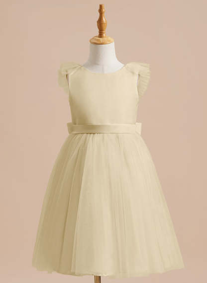 Knee-length Flower Girl Dress in A-line Satin Tulle