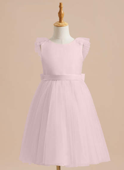 Knee-length Flower Girl Dress in A-line Satin Tulle