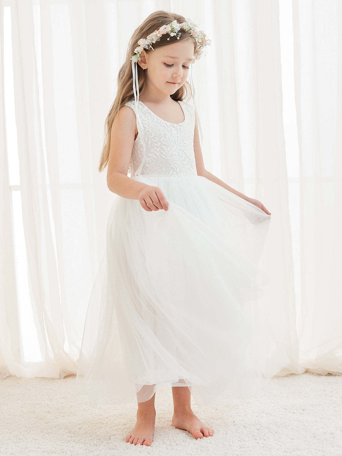 White A-line Ankle-length Lace Tulle Dress