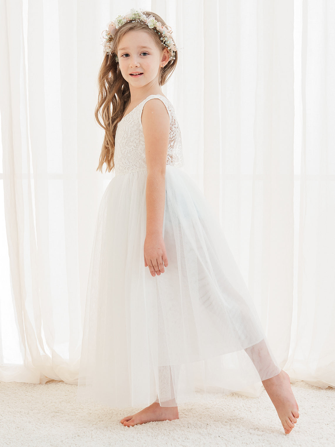 White A-line Ankle-length Lace Tulle Dress