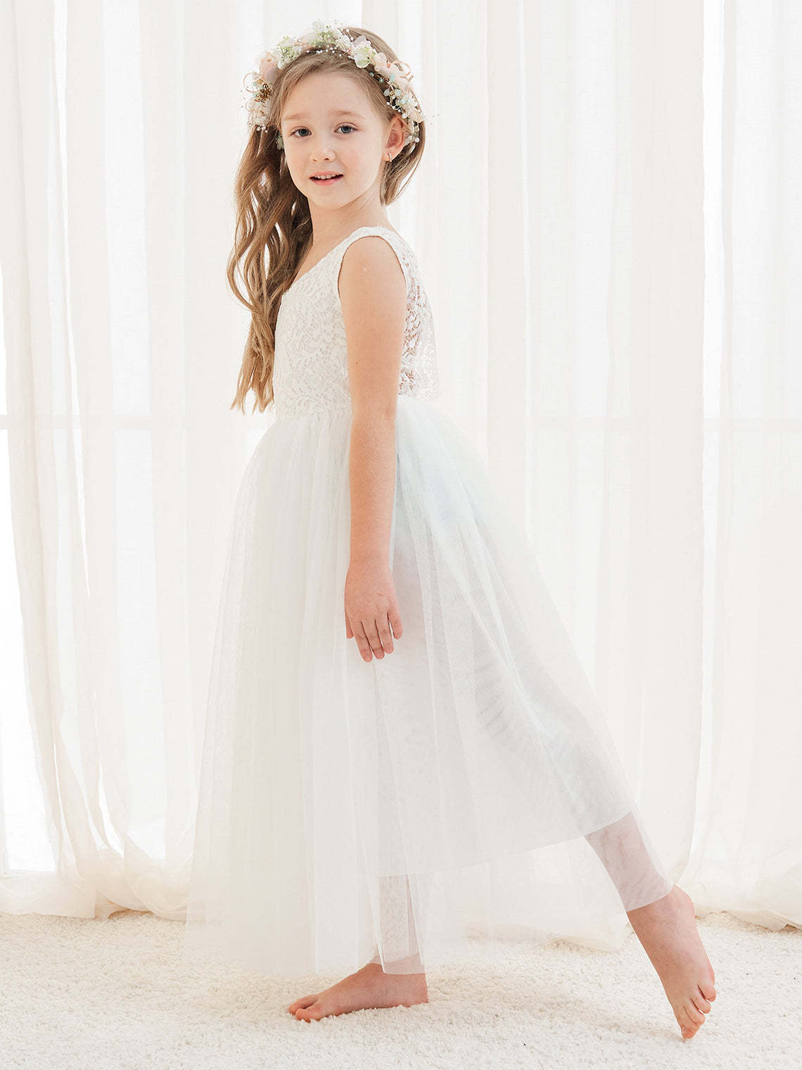 White A-line Ankle-length Lace Tulle Dress