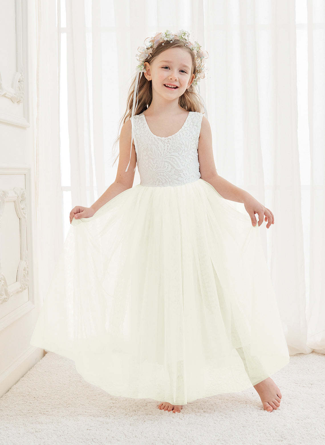 White A-line Ankle-length Lace Tulle Dress