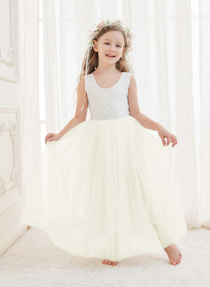 White A-line Ankle-length Lace Tulle Dress