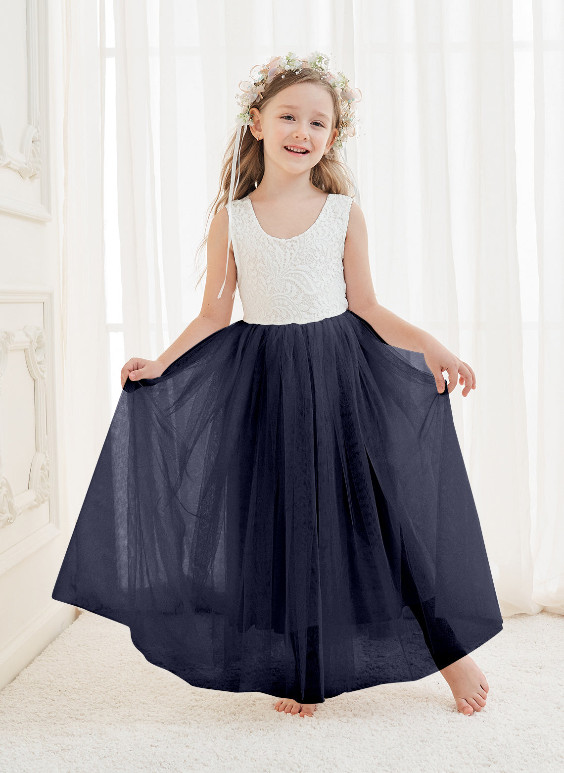 White A-line Ankle-length Lace Tulle Dress