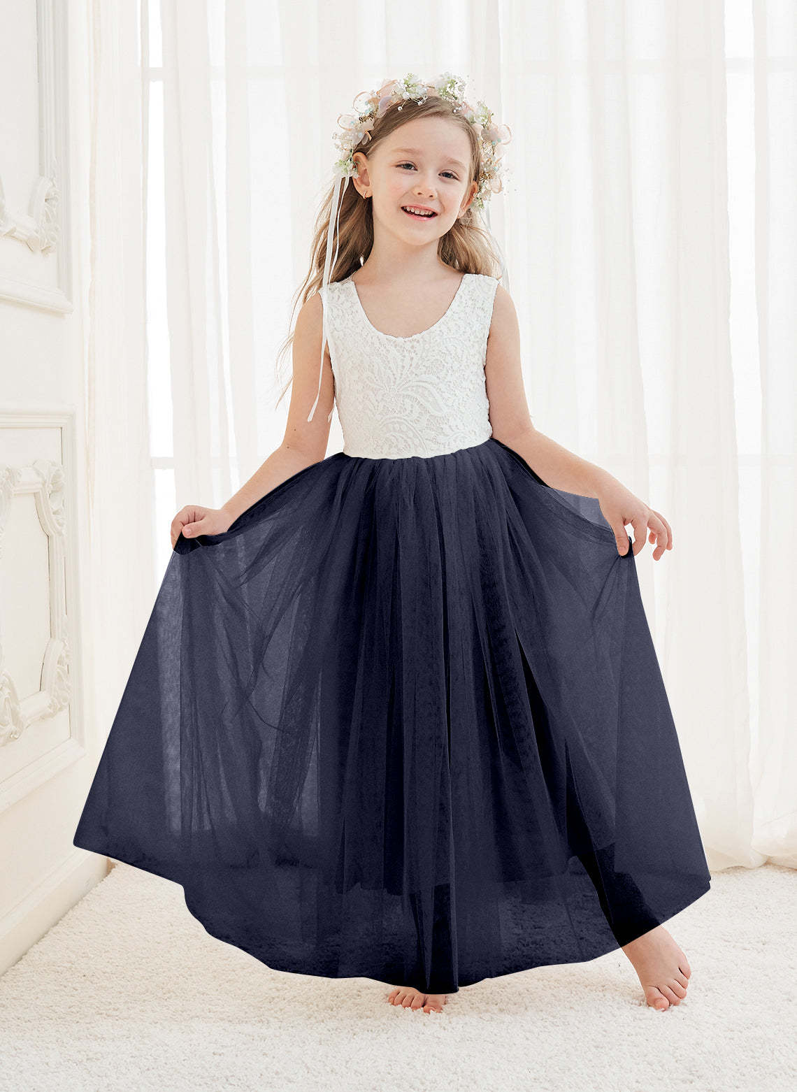 White A-line Ankle-length Lace Tulle Dress