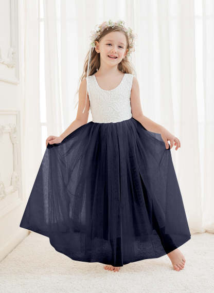 White A-line Ankle-length Lace Tulle Dress