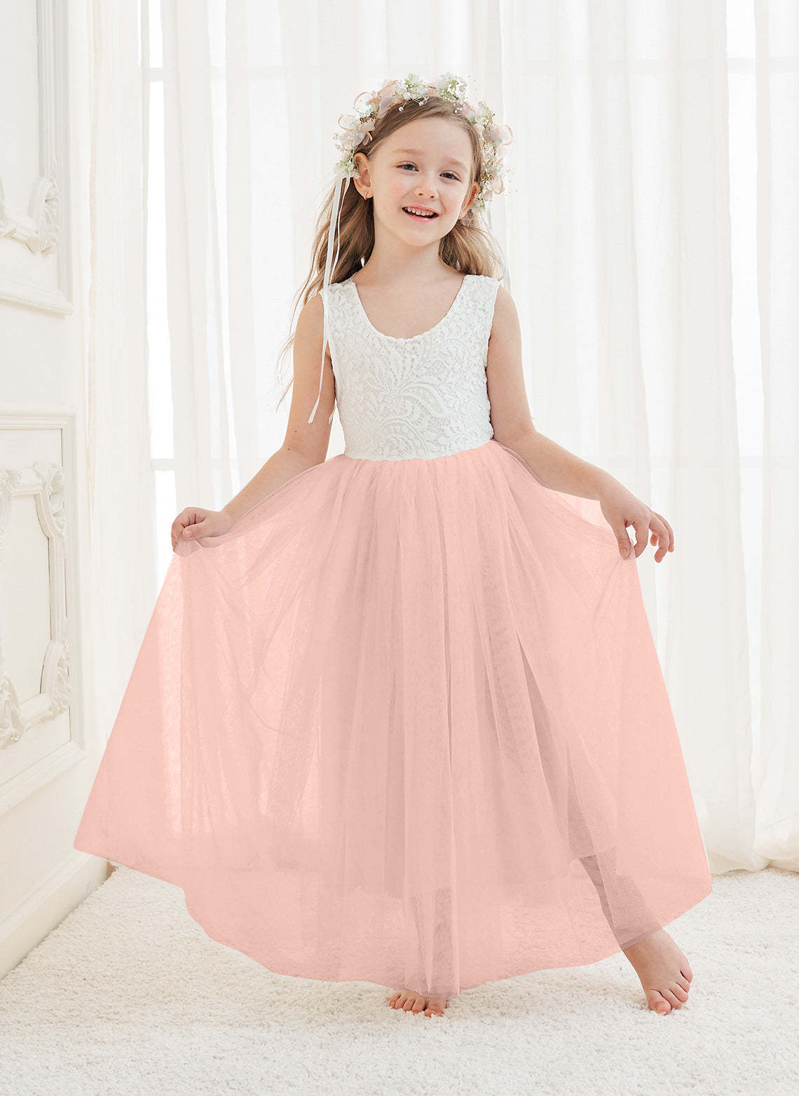 White A-line Ankle-length Lace Tulle Dress